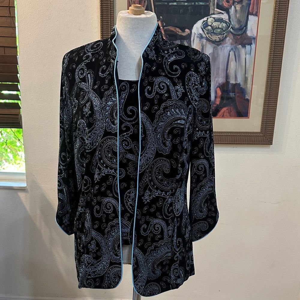 Alex Evenings 2 PC. Set Black/White/Electric Blue Shimmer Paisley Jacket Size XL